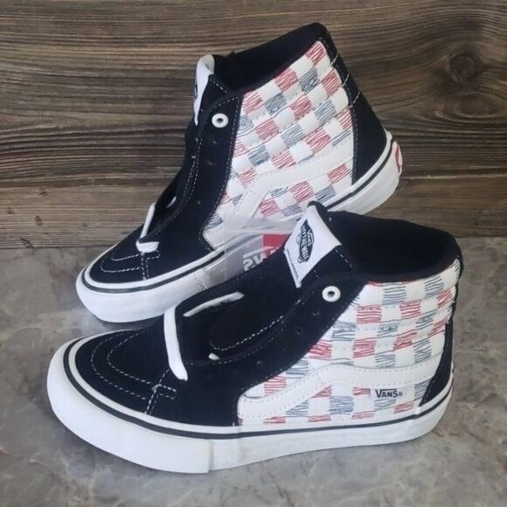 Vans Sk8-Hi Pro Mens 5 Black Red Blue Checkerboard High Top Skate Shoes Grunge